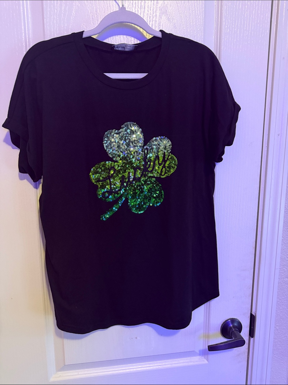 Women’s Black Tee with Green Sequin Shamrock